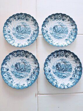 VTG Set of 4Johnson Bros Coaching Scenes 5.75" Plates Blue Ironstone England